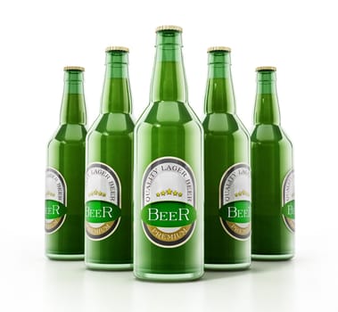 Generic beer bottles isolated on white background. 3D illustration.