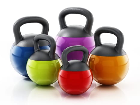 Group of various sized kettlebells isolated on white background. 3D illustration.