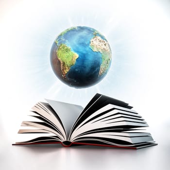 Blue globe on open book pages. 3D illustration.