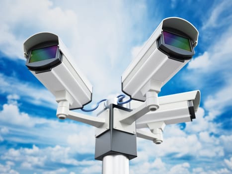 Security cameras on the pole on blue sky background. 3D illustration.