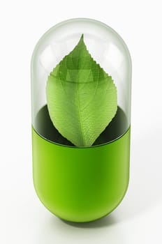 Green leaf inside the capsule pill. 3D illustration.