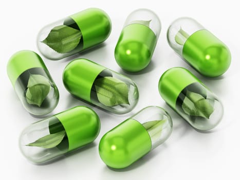 Green leaves inside capsule pills. 3D illustration.