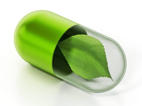 Green leaf inside the capsule pill. 3D illustration.