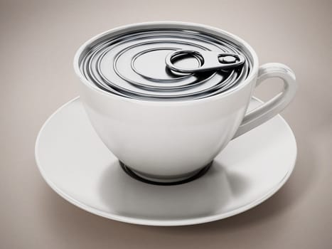 Coffee cup with tincan lid. Fresh coffee concept. 3D illustration.