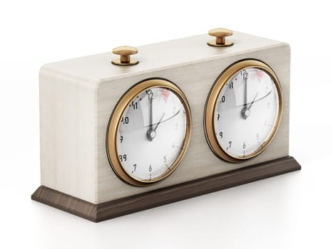 Wooden retro chess clock isolated on white background. 3D illustration.