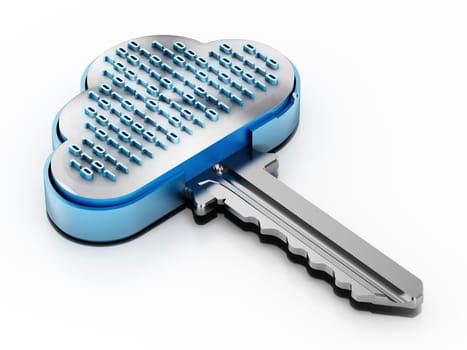 Metal key with cloud shape and binary code on top. Cloud computing concept. 3D illustration.