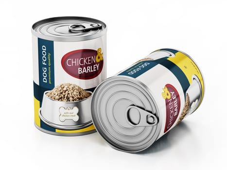 Dog food in generic cans isolated on white background. 3D illustration.