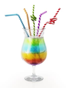 Colorful straws inside coctail glass with multi colored beverage. 3D illustration.