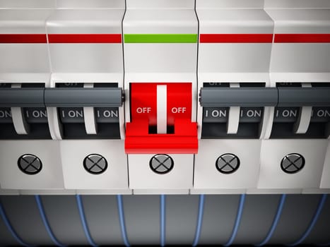Fuseboxes with only one in on position. 3D illustration.