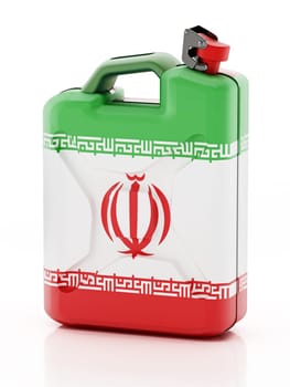 Gas can with Iran flag isolated on white background. 3D illustration.