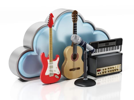 Music instruments and cloud shape isolated on white background. 3D illustration.