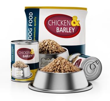 Dog food in generic cans and bag isolated on white background. 3D illustration.