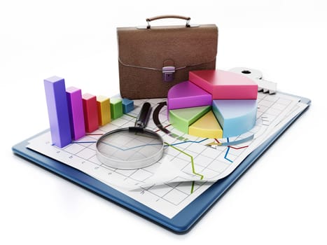 Business charts, graphs, briefcase and magnifying glass on clipboard. 3D illustration.