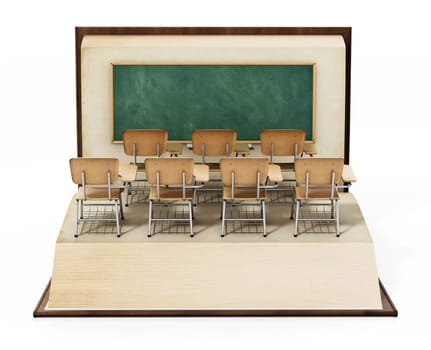 Classroom seats and blackboard standing on open book pages. Education concept. 3D illustration.