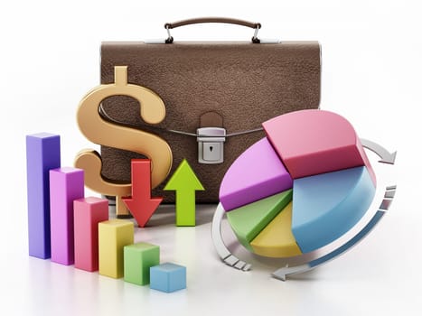 Business charts, graphs, briefcase and dollar symbol isolated on white background. 3D illustration.