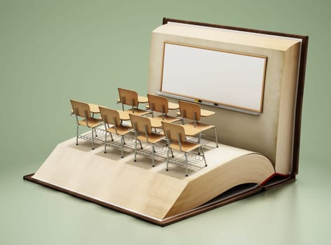 Classroom seats and blackboard standing on open book pages. Education concept. 3D illustration.