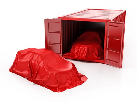 New unloaded cars covered with red clothes and shipping container isolated on white background. 3D illustration.
