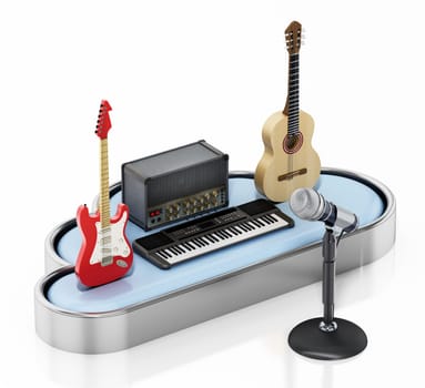 Music instruments and cloud shape isolated on white background. 3D illustration.