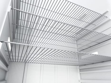 View of empty refrigerator interior. 3D illustration.