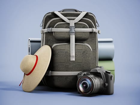 Traveller's backpack, hat, camera and sleeping mats. 3D illustration.