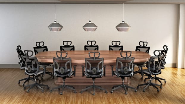 Boardroom table and chairs on the parquet floor. 3D illustration.