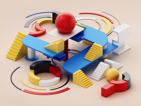 Group of minimal 20s 3D geometric shapes arranged together. 3D illustration.