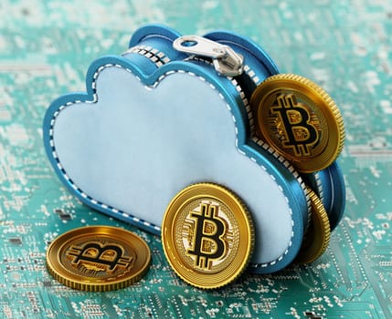 Cloud shaped coin purse and crypto money standing on green PCB. 3D illustration.