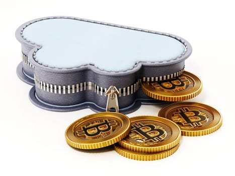 Cloud shaped coin purse and crypto money isolated on white background. 3D illustration.