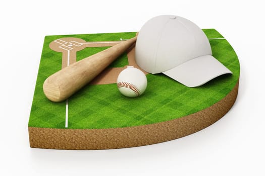 Baseball pitch, cap, ball and bat isolated on white background. 3D illustration.