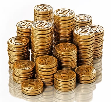 Stack of generic gold coins isolated on white background. 3D illustration.