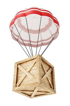 Parachute carrying wooden crate isolated on white background. Transportation and shipment concept. 3D illustration.