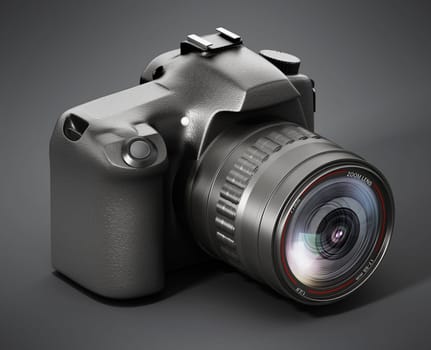 DSLR professional camera on dark background. 3D illustration.