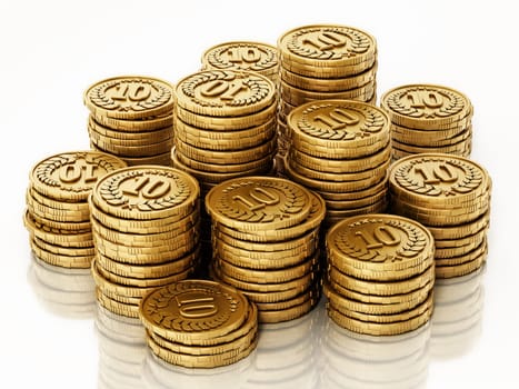 Stack of generic gold coins isolated on white background. 3D illustration.