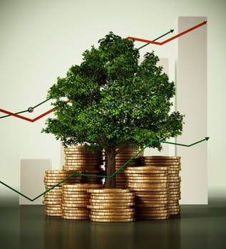 Tree and stack of gold coins against sales graphic. 3D illustration.