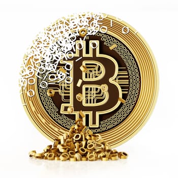 Generic crypto coin with 1 and 0 shaped holes and pile of binary code on the ground. 3D illustration.