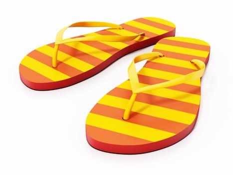 Yellow and orange striped flip-flops isolated on white background. 3D illustration.