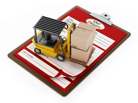 Forklift, delivery document on clipboard and globe. 3D illustration.