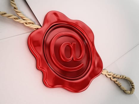 Sealed enveloppe with at sign at the center of the wax seal. 3D illustration.