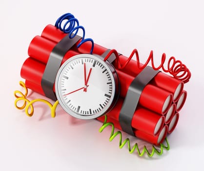 Dynamite clock pointing a few minutes to 12 o'clock. 3D illustration.