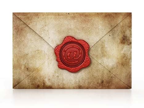 Sealed enveloppe with at sign at the center of the wax seal isolated on white background. 3D illustration.