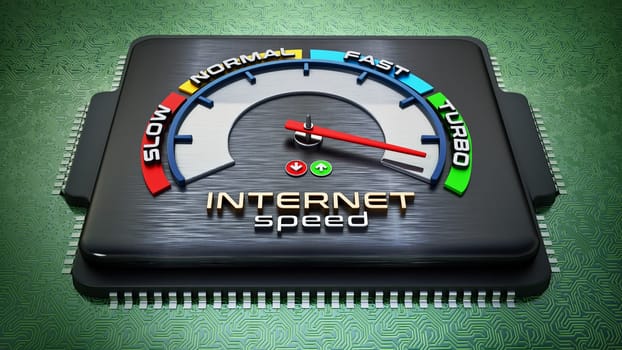 Internet speed dial on computer chip standing on green PCB. 3D illustration.
