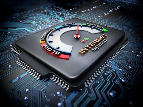 Internet speed dial on computer chip standing on blue PCB. 3D illustration.