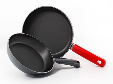 Frying pans isolated on white background. 3D illustration.