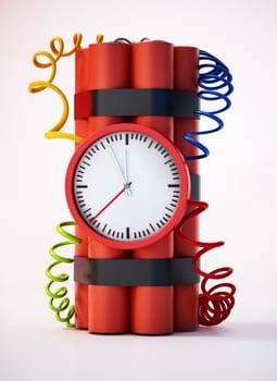 Dynamite clock pointing a few minutes to 12 o'clock. 3D illustration.
