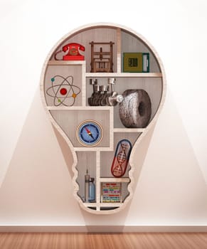 Objects representing important inventions in history standing on lightbulb shaped shelves. 3D illustration.