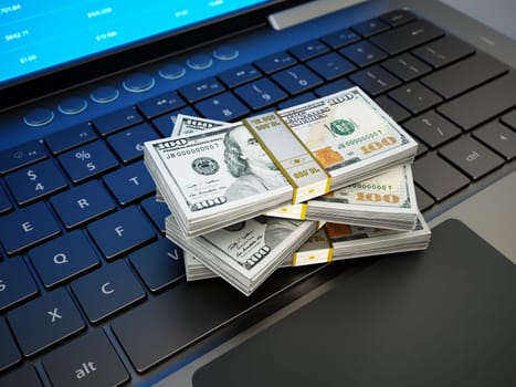Dollar bills standing on laptop keyboard. 3D illustration.