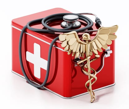 Medicine box, caduceus and stethoscope isolated on white background. 3D illustration.