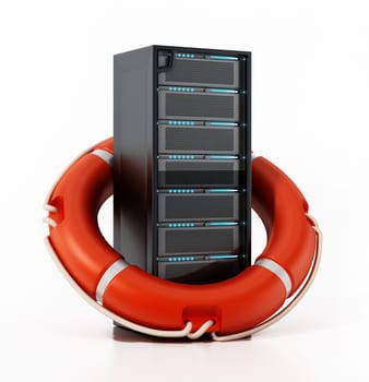 Network server in red life buoy. Network safety concept. 3D illustration.