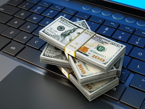 Dollar bills standing on laptop keyboard. 3D illustration.