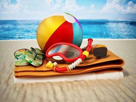 Personal accessories standing on the beach sand. Travel and vacations concept. 3D illustration.
